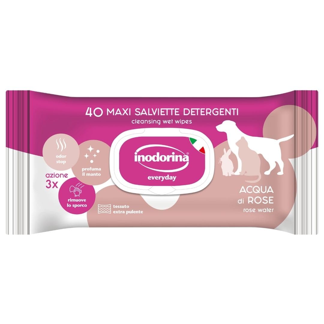 Inodorina Salviette per Cani, Gatti e Cuccioli Everyday (12 Confezioni da 40 Pezzi, Acqua di Rose) – Salviettine per Animali in Tessuto Resistente con Odor Stop – Azione idratante ed emolliente