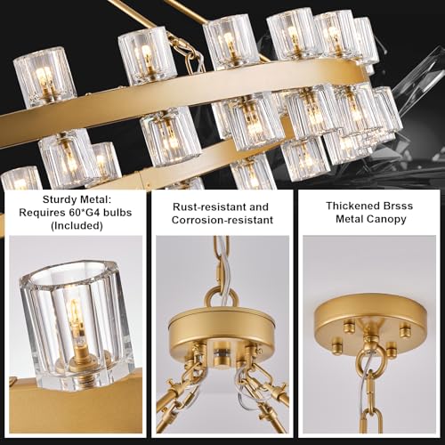 Image of 60 Inch Gold Wagon Wheel Chandelier with Crystal Shade, 60 Lights, Modern Farmhouse Style, Ideal for Dining Room, Kitchen, Entryways