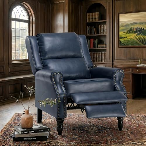 Image of Leather Recliner Chair, Pushback Recliner Chair with Adjustable Backrest Footrest, Mid Modern Reclining with Overstuffed Arms Lumbar Support for Reading, Living Room, Blue