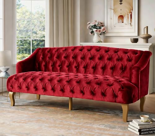 Image of Merax 3 Seater Velvet Couch Sofa with Hi-Back & Solid Wood Birch Legs, Mid-Century Modern Style Deep Seat Upholstered Couches for Living Room, Bedroom, Apartment Furniture, Wine Red
