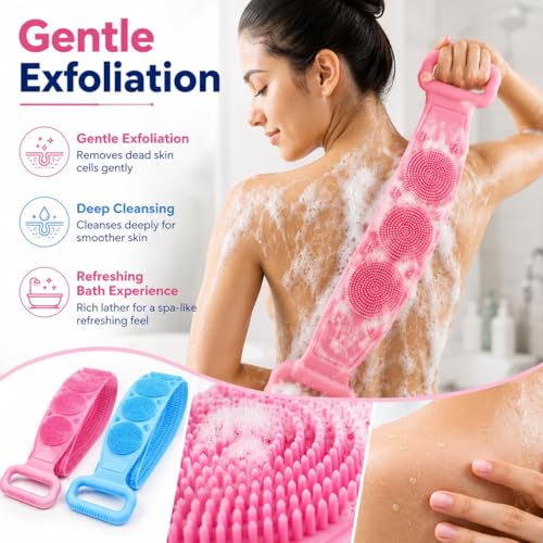 Image of LUMONY 5 -in-1 Soft Silicone Bath Brush Set | Back Scrubber Belt | Long Handle Back Scrubber + Body Scrubber + Scalp Massager + Face Massager | Super Exfoliating & Lathering Shower Brush | BPA-Free | For Men & Women (With A Free 3pcs Hook)