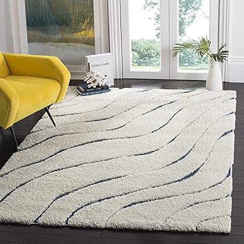 Image of Abstract Wavy Design Square Shaggy Carpet for Living Room, Bedroom, High Low Design Finish Microfiber 1.8 Inch Pile High, 8x8 Feet Ivory|Light Blue Color