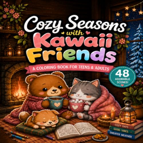 Cozy Seasons with Kawaii Friends: A Coloring Book for Teens & Adults | 48 Adorable Scenes Through Spring, Summer, Autumn & Winter image 2