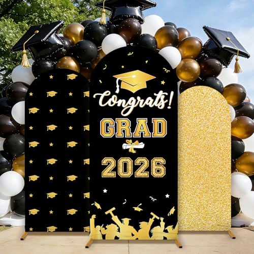 3 Set Graduation Party Decorations 2026 Graduation Arched Backdrop Cover Grads Parties Arch Covers Graduates of 2026 Party Supplies Arch Covers Spandex Stretchy Arched Cover Black and Gold