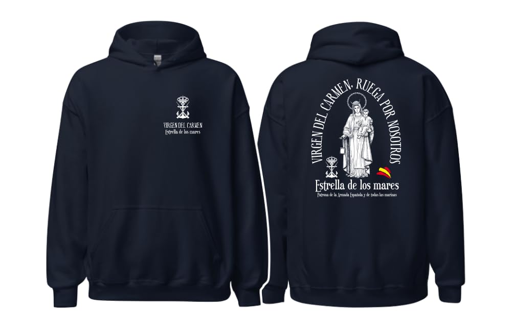Sudadera con Capucha Virgen del Carmen Reina de los Mares y Patrona de los Navegantes Diseño Religioso Unisex con Bolsillo Invierno