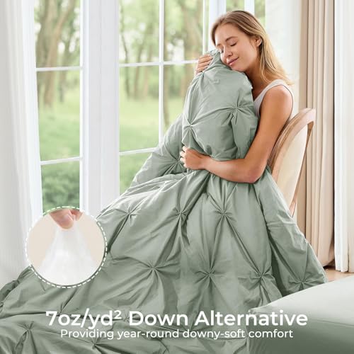 Image of Sasttie King Size Comforter Set, 7-Piece Bed in a Bag, Pintuck Bedding Sets for All Season, Includes Comforter, Flat Sheet, Fitted Sheet, Pillowcases and Pillowshams, Dusty Green