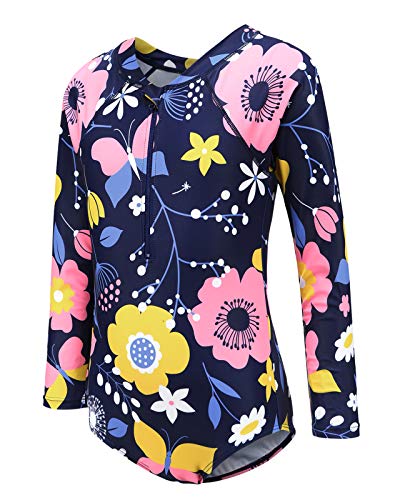 Image of Girls Long Sleeve Rash Guard One Piece Swimsuit Kids UPF 50+ Sun Protection Swimwear Rainbow Striped Bathing Suit 3-14 Years