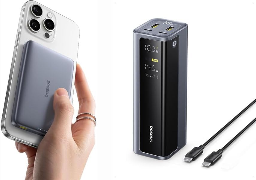 Baseus Laptop Power Bank, 20800mAh 145W Portable Charger with 4 Ports, Bundle with 0.5" Ultra Slim Qi2 Certified 15W Wireless Power Bank, 10000mAh 27W Fast Charging