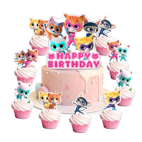 25Pcs Super Kitties Birthday Party Supplies Pack Includes 1 Cake Topper 24 Cupcake Toppers for Super Kitties Party Supplies