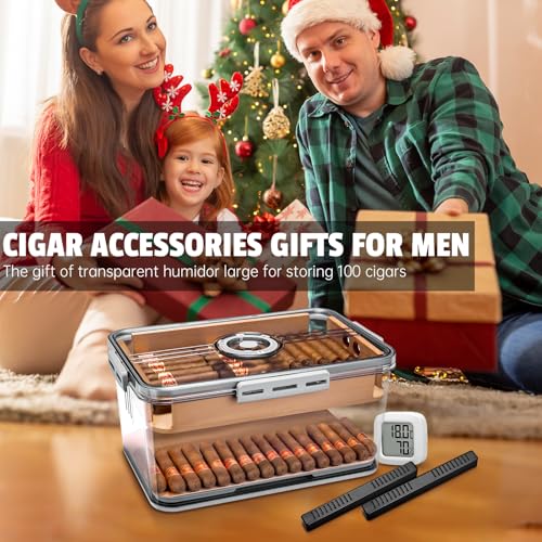 Image of CIGARLOONG Cigar Humidor Large with Cedar Shelves,2 Humidifiers and Hygrometer Storage for 100 Cigars Partition Clear Airtight Cigar Humidor