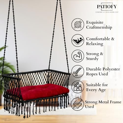 Image of Patiofy Double Seater Swing Chair with Arm Rest /Hanging Hammock Swing Chair for 2 People /Jhula for Adults / 2 Seater Swing for Balcony /Hanging Kit & Cushion Included- Black