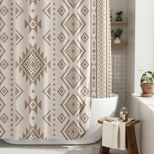 HunnmingRe Western Shower Curtain Waffle Southwest Aztec Geometric Stripes Fabric Shower Curtain Set with Hooks for Bathroom 72 x 72 Inches Farmhouse Boho Bath Curtains(Beige)