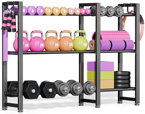 800LBS Capacity Multifunctional Home Gym Storage Rack with Side Hooks Heavy Duty Adjustable Weight Storage Rack for Dumbbells Kettlebells Yoga Mat Space Saving Workout Equipment Storage Organizer