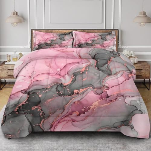Nesphy Gray Pink Marble Comforter Set Full Size Natural Luxury Golden Abstract Soft Bedding Set with 2 Pillowcases for Adults Bedroom Bed Decor
