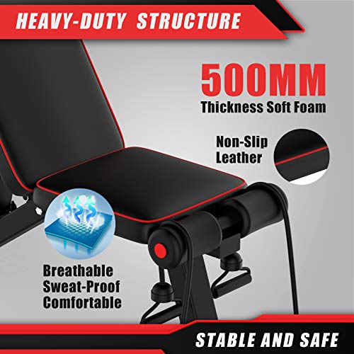 MCNBLK Adjustable Weight Bench 400lbs Capacity, Incline Decline Weight Lifting Workout Bench Home Gym, Multi-Position Utility Bench for Full Body Workout, Folding Dumbbells Bench with Elastic Ropes