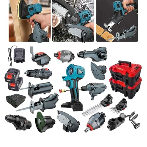Kit combinado de herramientas eléctricas con baterías y cargador, incluye taladro de impacto, sierra de calar, destornillador, lijadora, máquina de limpieza, sierra de cadena, llave, martillo