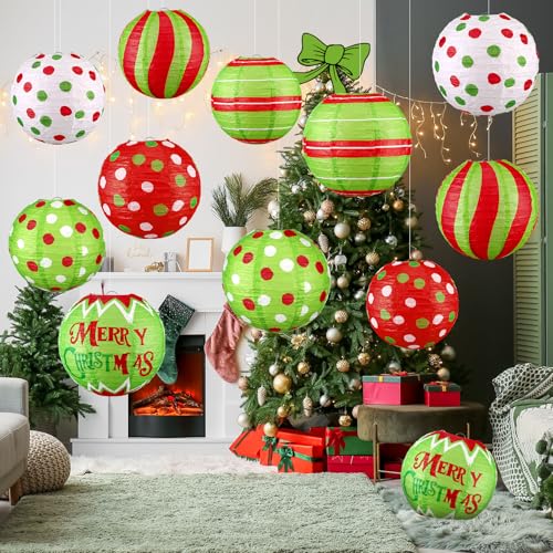 Glooglitter 18 Pcs Red Green Paper Lantern Round Christmas Paper Decorations Lime Green Hanging Balls Swirl Candy Cane Ceiling Hanging Decor for Holiday Party Xmas Home by Glooglitter - Image 4