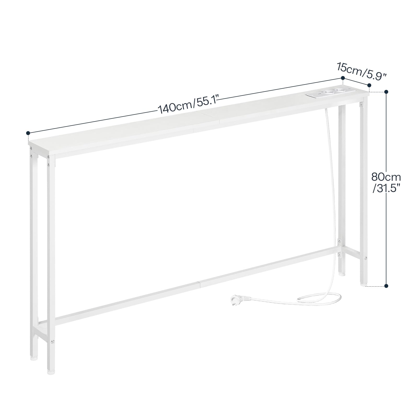 HOOBRO Table Console Fine 140 cm, Bout de Canapé avec Multiprise, Table d’Entrée, Console Meuble Adaptée Derrière Le Canapé, pour Salon, Couloir, Cadre en Métal, Blanc EWW145CXG01