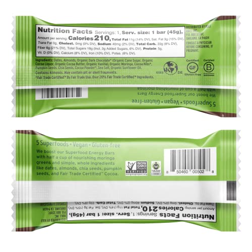 Kuli Kuli Moringa Superfood Energy Bar, Dark Chocolate, 1.6 Ounce Bars (Box Of 12) Vegan And Gluten-Free Energy Bar, Contains Half A Cup Of Leafy Greens, Chia Seeds, Convenient Snack Bar #TOP6
