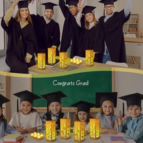 Image of Rossesay 6 Pcs Graduation Table Centerpieces Boxes Class of 2026 Graduation Lanterns for Centerpieces with LED Candles Congrats Grad School College Photo Props for Party Table Decoration (Gold)