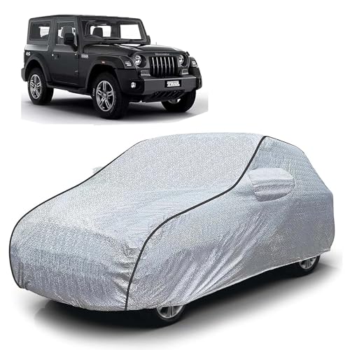 Image of Sulfar 100% Waterproof Car Body Cover Compatible with Mirror for Mahindra Thar (Triple Stitched, Full Bottom Elastic, Magic Silver with Black Piping)