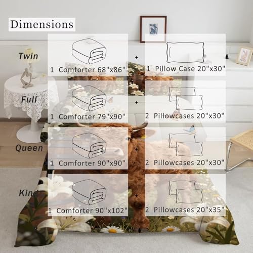 Image of Highland Cow Comforter Set Full Size Wildlife Farmhouse Cow Bedding Sets for Girls Boys Kids Adults Bedroom Decor 3D Kawaii Flower Animal Quilt 1 Comforter 2 Pillowcases