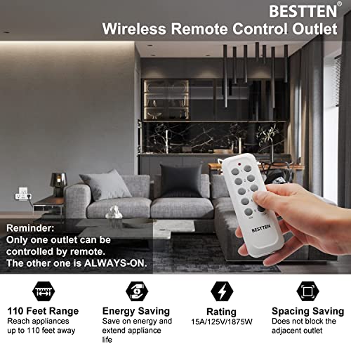Bestten Wireless Remote Control Outlet Combo Kit (2 Wall Outlets+1 Remote), Each Outlet Contains 1 Always-On & 1 Rf Control Socket, 110 Foot Control Range, Etl Listed #TOP1