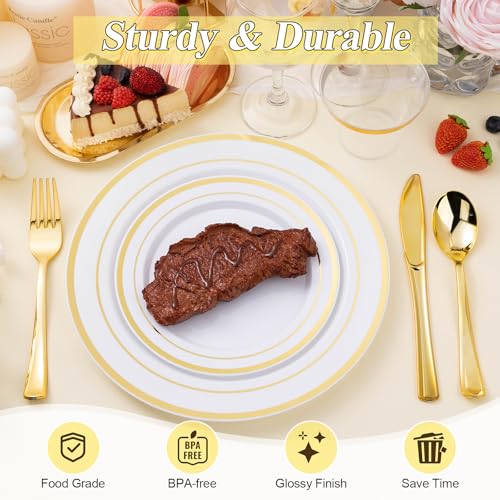 image for BESTSTAR 100PCS White Plastic Plates Set with Gold Rim, 50 10.25 inch 