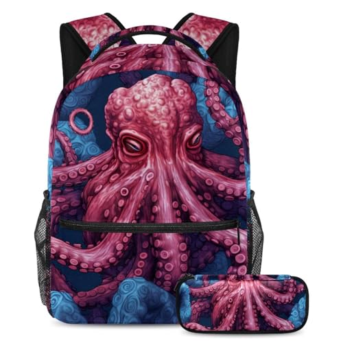 Sac à dos et trousse à crayons animaux marins grand cartable scolaire motif pieuvre océan