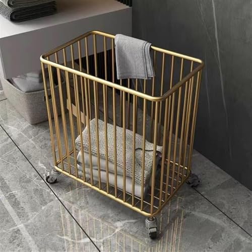 ZYJIX Wire Laundry Basket With Wheels, Metal Rolling Laundry Hamper For Bedroom Bathroom, Dirty Clothes Towels Storage Bin Box(Size:Square,Color:Gold)