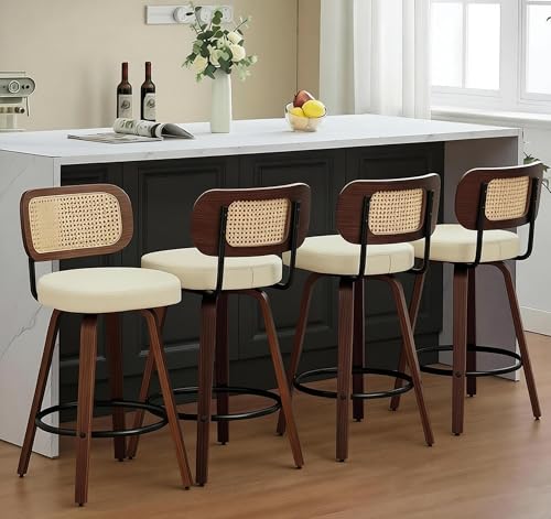 Image of YaFiti Counter Height Bar Stools Set of 3, 26 inch Rattan Counter Height Stools with Upholstered Seat, Walnut Craftsmanship, Swivel Counter Stools for Island /Kitchen /Counter /Bar (Pearl White)
