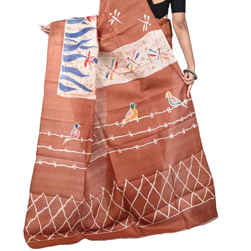 Image of 3stones Women's Mulberry Silk Saree | Printed Handwoven, Hand Batik Pure Saree with Unstiched Blouse Material Piece | Suitable for All Indian Weddings & Festivals | Traditional flower Prints