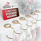 X-Protector Stocking Holders for Mantle - 6 PCS - Premium Christmas Stocking Holder with Non-Slip Bottom - Golden Stocking Hangers for Mantel - Stocking Hooks with Stickers on Top - Merry Christmas!