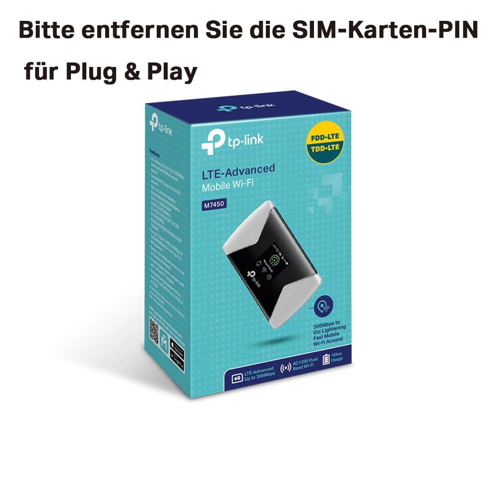 TP-Link M7450 mobiler WLAN Router (4G/LTE bis zu 300Mbit/s Download/ 50Mbit/s Upload, Hotspot, Cat6, 3000mAh Akku, LCD Display, kompatibel mit Allen europäischen SIM Karten) schwarz/Silber