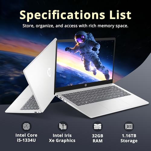 Image of HP 14 inch FHD Anti-Glare Laptop, Intel i5-1334U, 32GB RAM, 1.16TB Storage (1TB SSD+160GB Docking Station Set), Intel Iris Xe Graphics, Full Size Keyboard, Wi-Fi 6, 720p HD Camera, Win 11 Pro, Silver