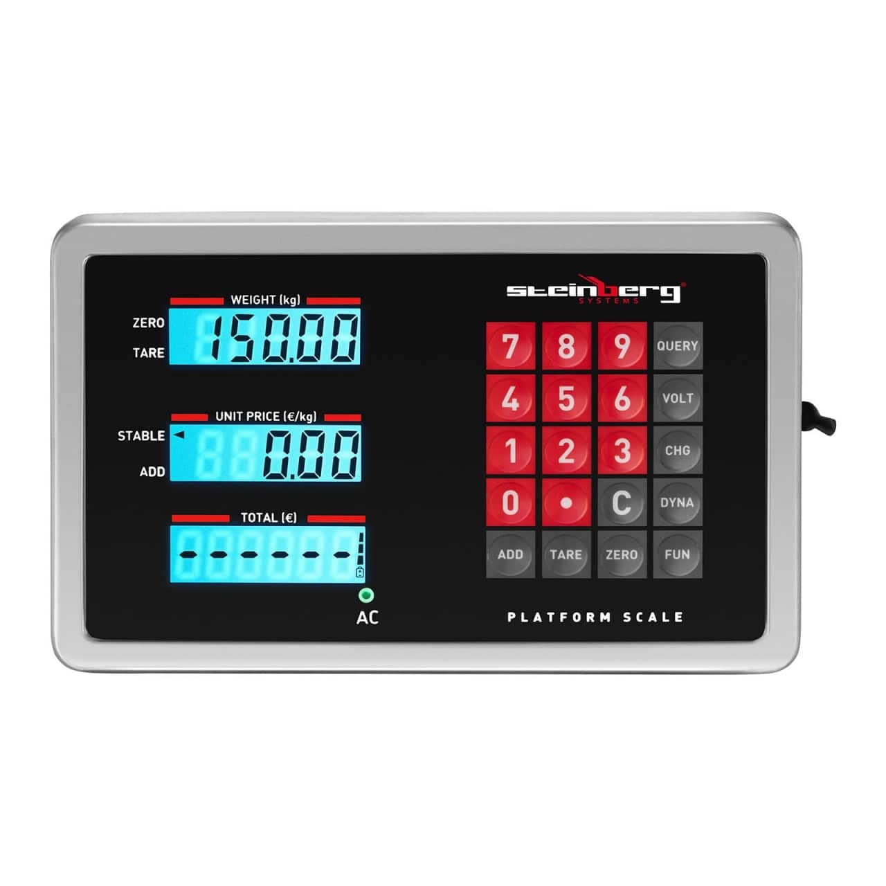 Steinberg Systems SBS-PF-150/20E Platformweegschaal - 150 kg / 20 g - Afmetingen platform 40 x 50 cm 3 LED-schermen Berekening van de prijs Weegschaal