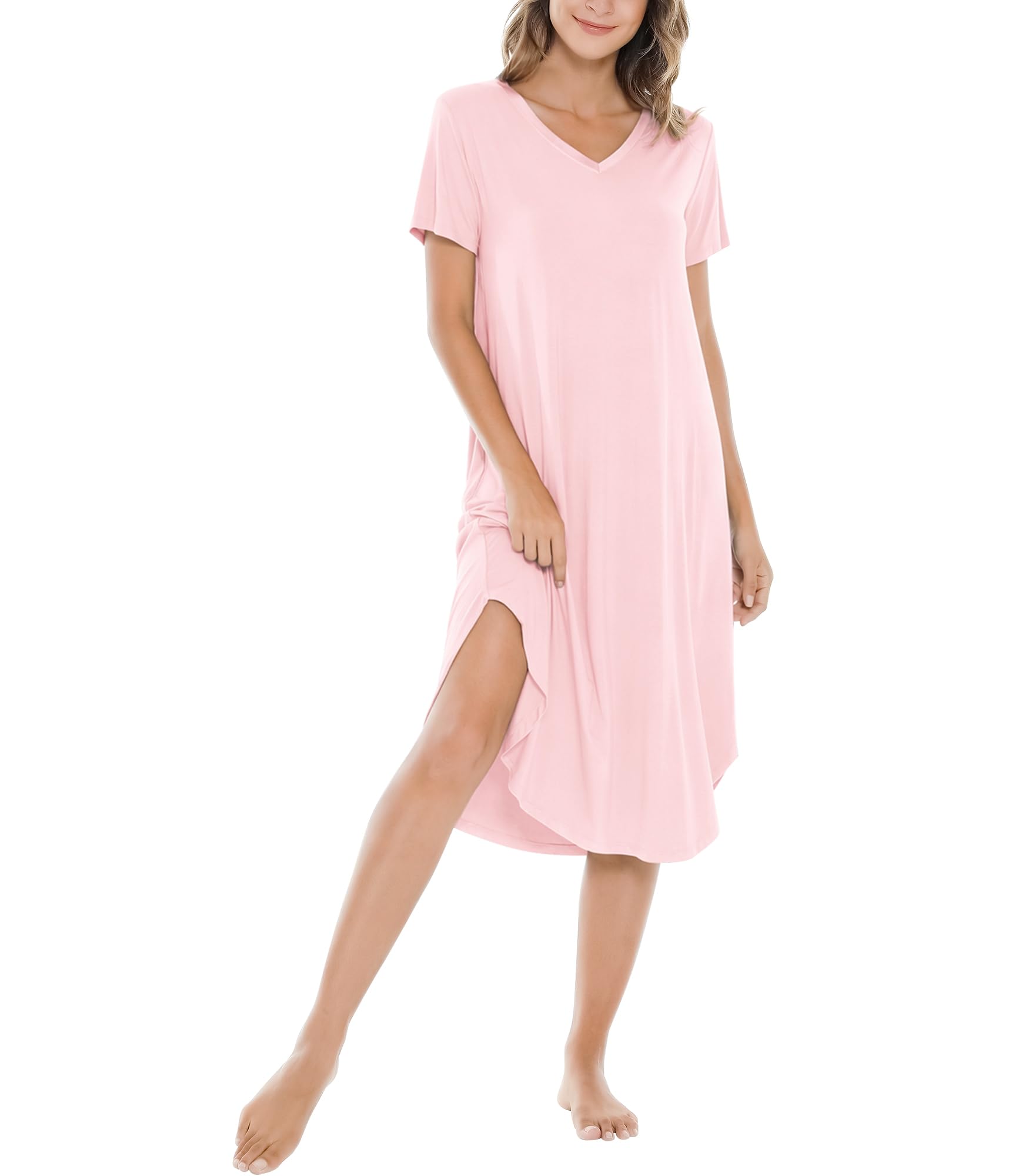 NACHILA Bamboo Viscose Nightgowns for Women Cooling Short Sleeve Sleepshirt | Soft V Neck Night Gowns, Moisture-Wicking Sleepwear for Hot Flashes &amp; Night Sweats, Ladies Nightshirts for Sleep, Home, Gift