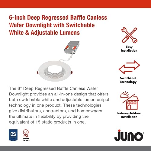 Image of Juno LED Recessed Lights 6 Inch Round Wafer Downlight, 5-in-1 Switchable White Color Temperature, Adjustable Brightness, Deep Regressed Baffled Trim, 6-Inch, Matte White