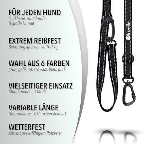 bluzelle Starke Hundeleine 3m für Große Hunde bis 100kg, Extra Robuste 360° Aluminium Karabiner-Haken, Gummierte Doppelleine für 2 Hunde, Verstellbare Freihand-Leine zum Umhängen, Farbe:Schwarz