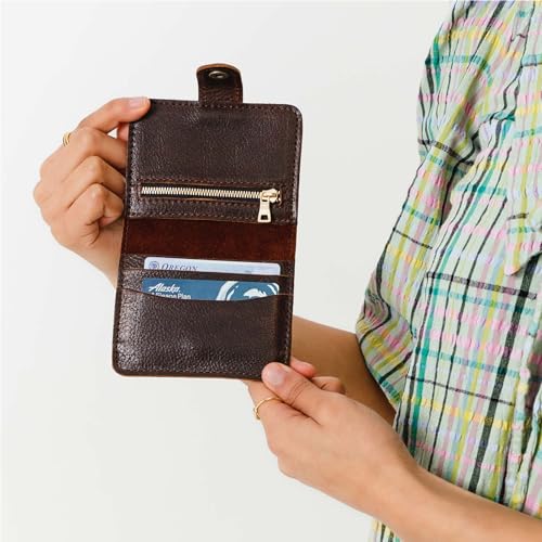 Image of Portland Leather Goods Women's Mini Bifold Wallet - Slim, Palm-Sized Design with Secure Snap Closure, 2 Card Slots, 2 Cash Slots & Zippered Coin Pocket - Coldbrew