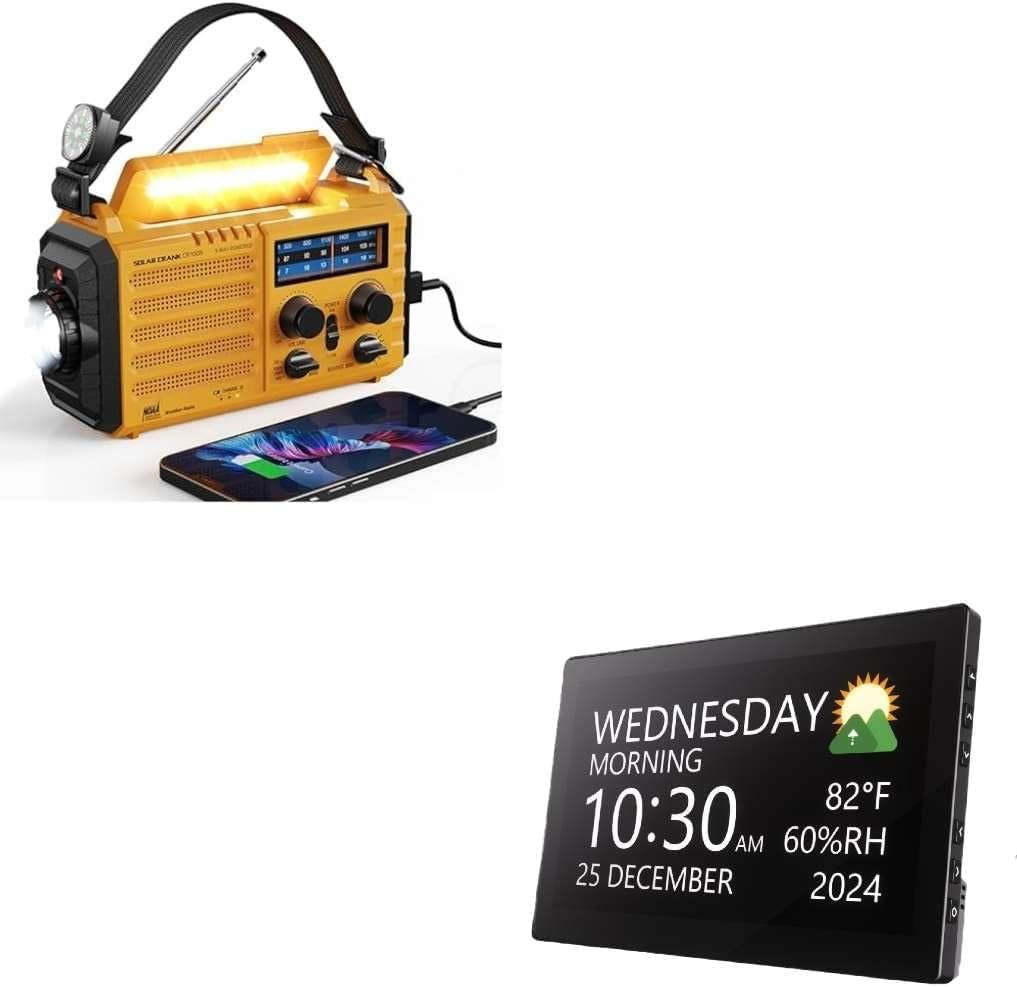 Raynic Weather Radio, 5000mAh/18500mWh NOAA Weather Radio, Solar Hand Crank Emergency Radio and Digital Clock,10.1 Inch Large Display Calendar Clock with 12 Themes, 20 Alarms, 20 Reminders