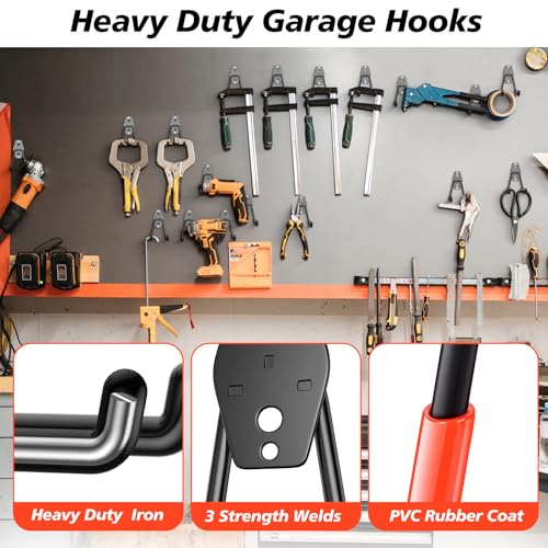 Image of 4 Pack Heavy Duty Garage Hooks,Solid Steel Wall Mount Hangers,with Anti-Slip Coating,for Hanging and Organising Ladder,Bike,Ropes,Broom,Garden,Yard and Power Tools(4.5x2.75 inch)