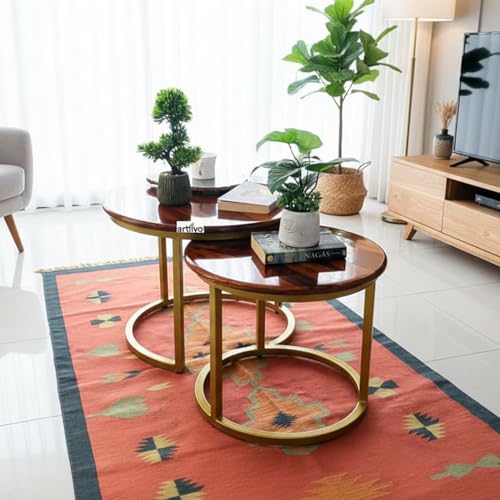 Image of Artlivo Solid Sheesham Wood Round Coffee Table - Set of 2 (22 /17 inch Dia) for Living|Drawing|Bedroom|Office|Balcony|Gift|Diwali|Wedding