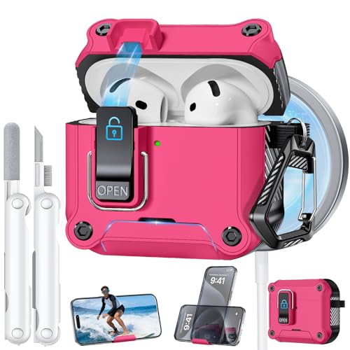 Image of Dual Safety Lock for AirPods 4 Case 2024, Compatible with MagSafe - Designed with Automatic Switch and Phone Stand, Includes a Cleaner & Keychain - Rugged Tough Hard Shell for Apple AirPods 4