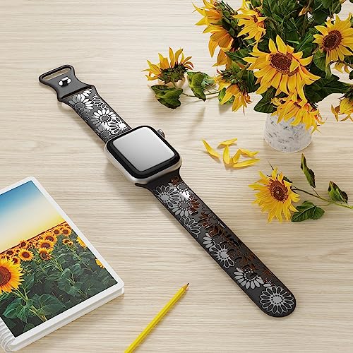 Image of Sunflower Engraved Band Compatible with Apple Watch Bands 38mm 40mm 41mm 42mm 44mm 45mm 49mm Women, Designer Soft Glossy Floral Silicone Strap for iWatch Series Ultra 11 10 9 8 7 6 SE 5 4 3 2 1