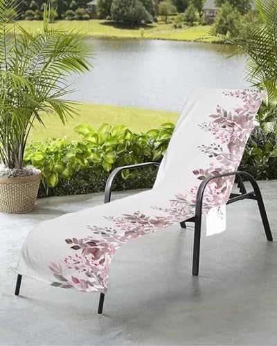 Red Eucalyptus Beach Chair Towel Covers for Chaise Lounge With Side Pocket, Soft Plush Pool Towels Cover for Patio Sunbathing Outdoor 29''x85'' White Watercolor Plant Sweeping Leaves