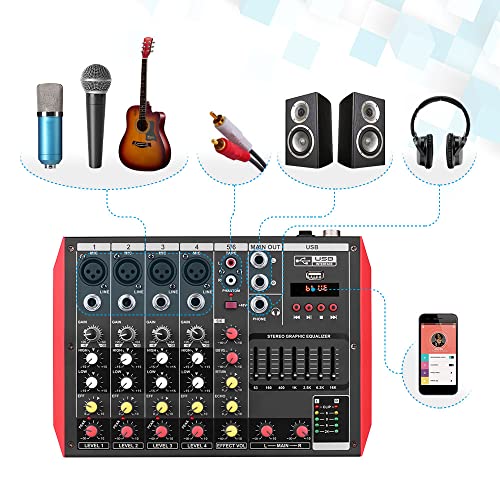 caigou Console de mixage portable D6 6 canaux EQ 7 bandes Alimentation fantôme 48 V intégrée Prise en charge de la connexion BT Lecteur MP3 USB pour l'enregistrement de musique Réseau DJ Diffusion en - Image 8
