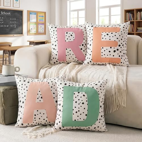 Fanfanwin 4 Pcs Boho Read Classroom Throw Pillow Covers Set Decorative 18x18 Inch Read Sign Polka Dot Pillowcase for School Library Reading Corner Kindergarten Sofa Bedroom Home Educational Decoration