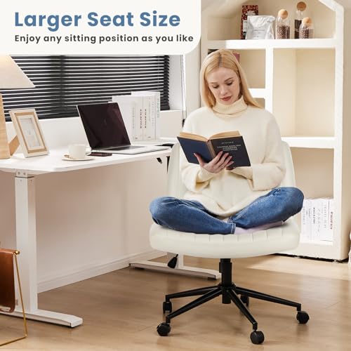 Image of DUMOS Criss Cross Chair with Wheels, Wide Cross Legged Office Desk Vanity Chairs, Faux Leather Armless Adjustable Swivel Chairs for Home Computer Task, Beige