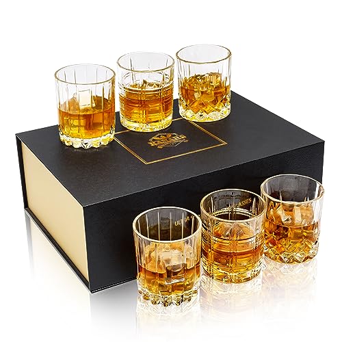 KANARS Whiskey Glasses Mixed, 10 Oz Scotch Glasses Set of 6, Rock Bar Tumblers 3 Patterns in Luxury Gift Box for Birthday, Anniversary, Housewarming and Wedding